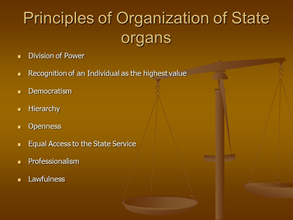 Principles of Organization of State organs Division of Power Recognition of an Individual as